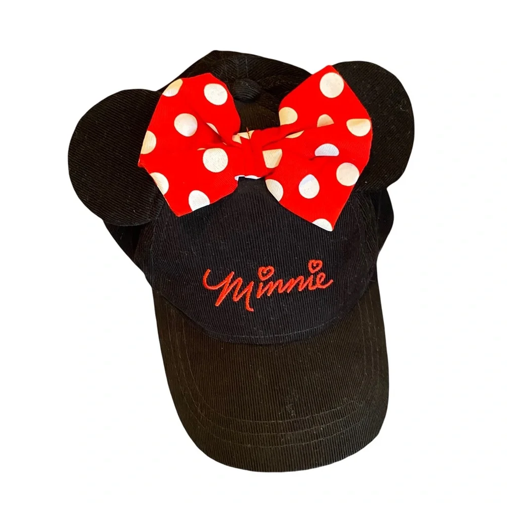 Disney Minnie Mouse Corduroy Hat Cap Girl’s Black Red Polka Dot Bow Ears One Sz